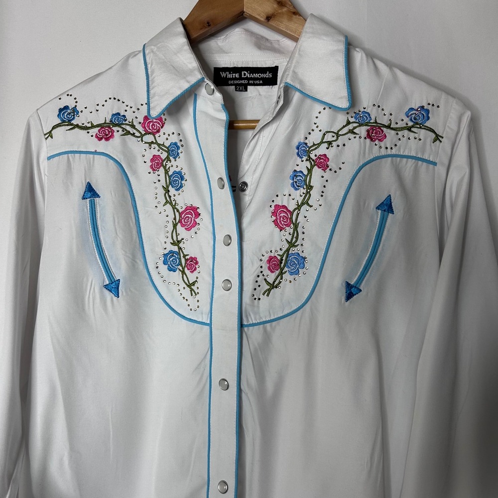 White Diamonds Shirt Size 2XL Western Embroidered Floral Rodeo‎ Pearl Snap - Picture 2 of 10